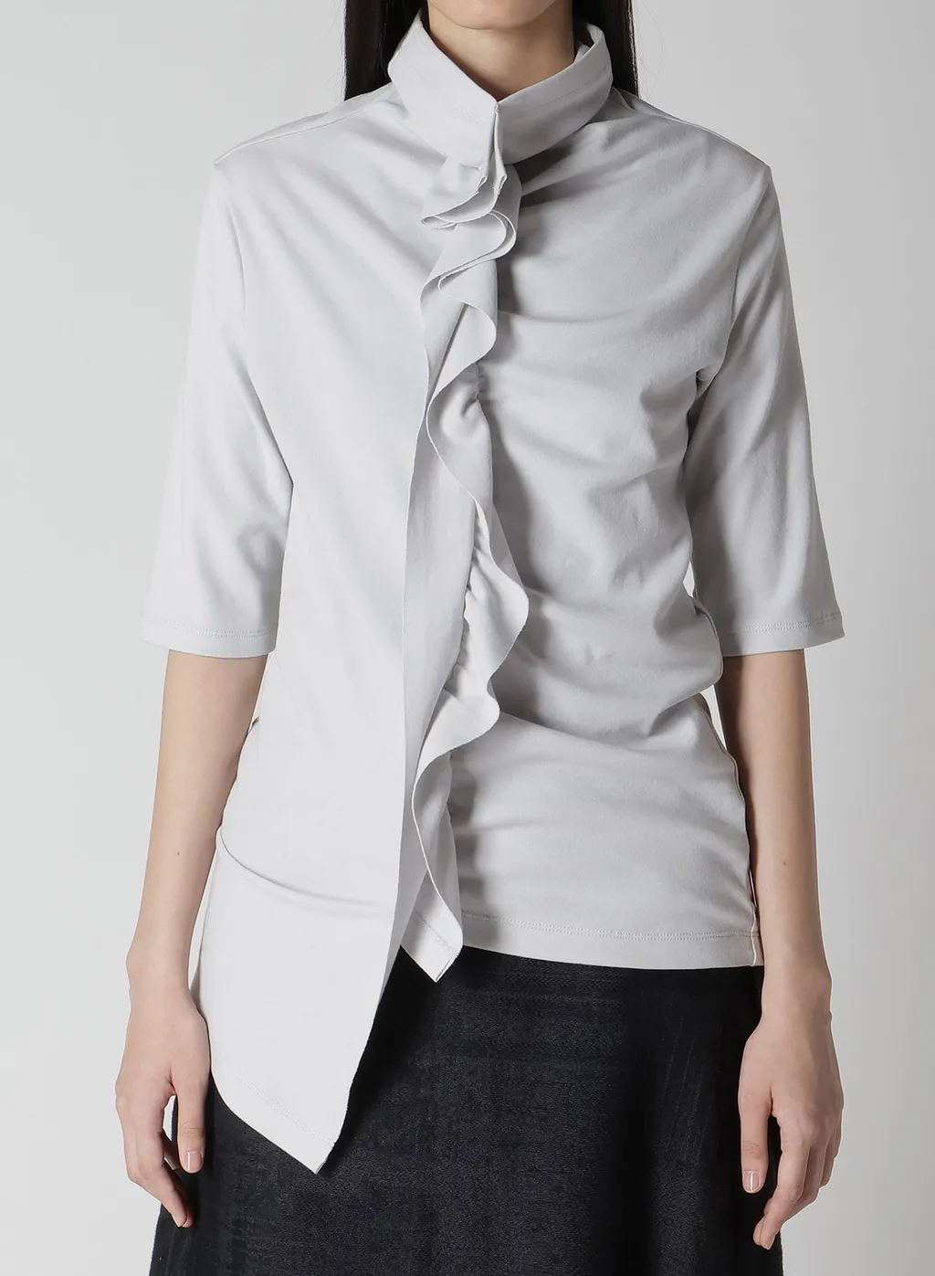 Hard-Twist Asymmetric High Neck Half Sleeve T