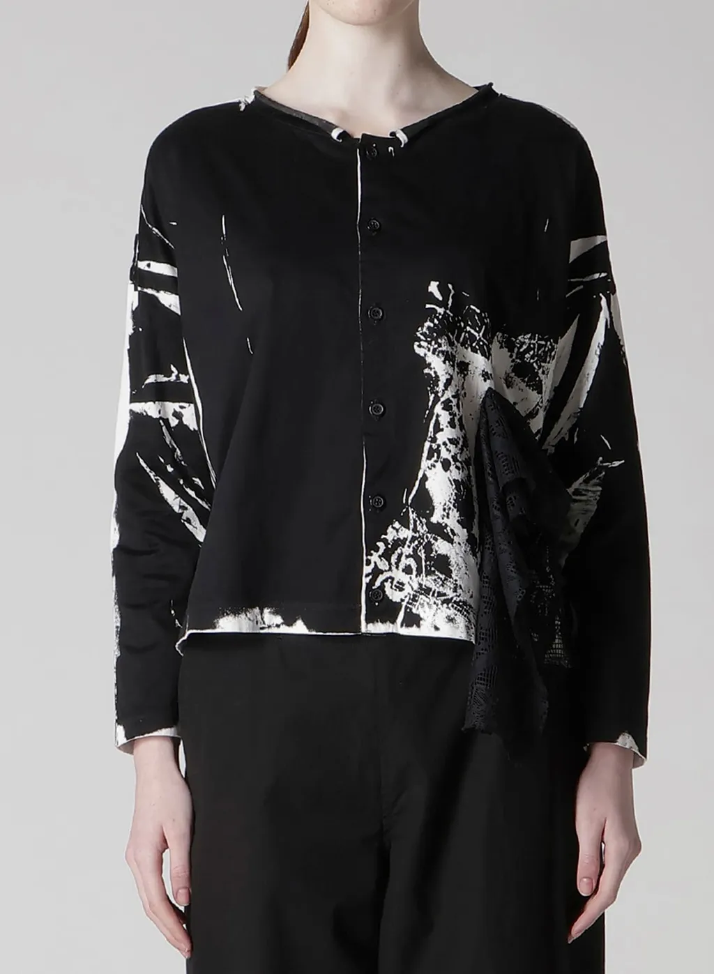 Cotton Lace/Print Side Pocket Cropped Cardigan