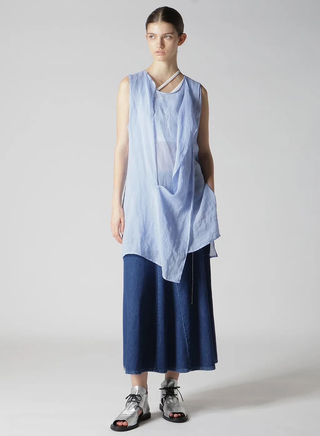 Spotted Denim Flare Skirt With Gusset