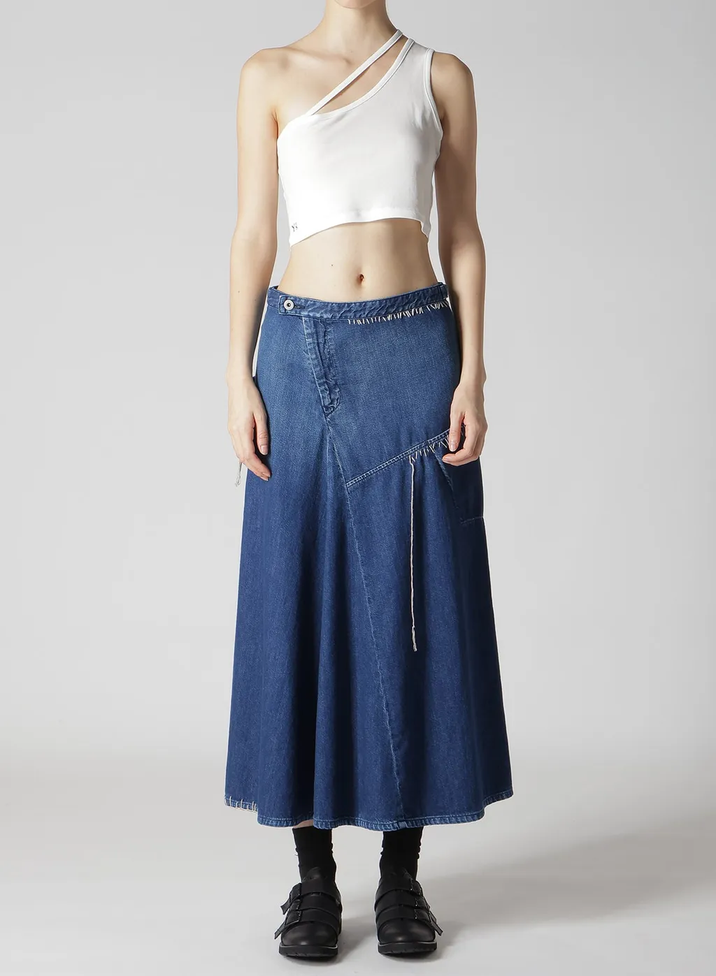 Spotted Denim Flare Skirt With Gusset