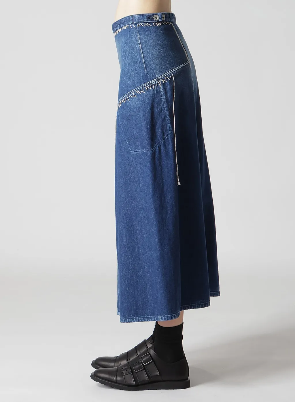 Spotted Denim Flare Skirt With Gusset