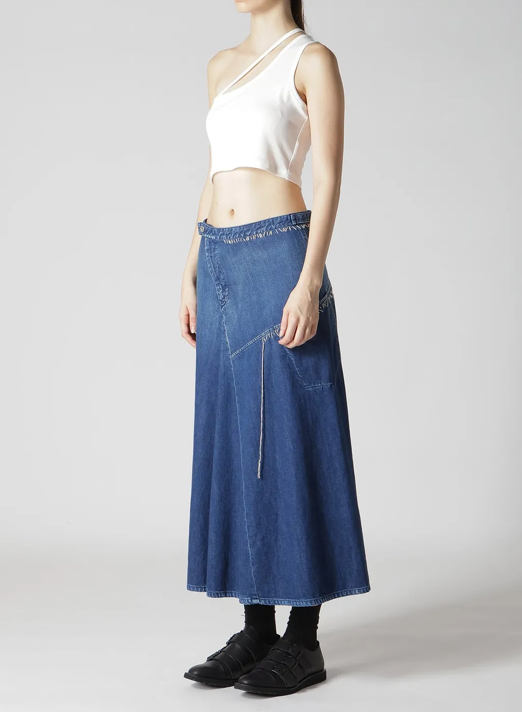 Spotted Denim Flare Skirt With Gusset