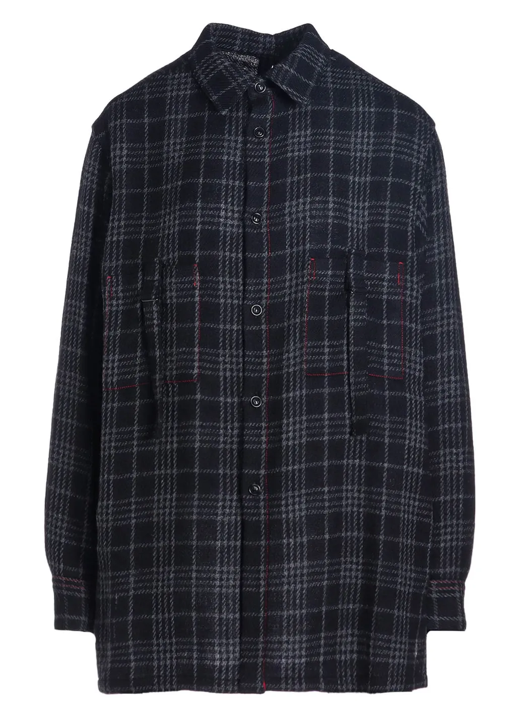 W/ Check Red Stitch Back Tucked Open Tab Blouse