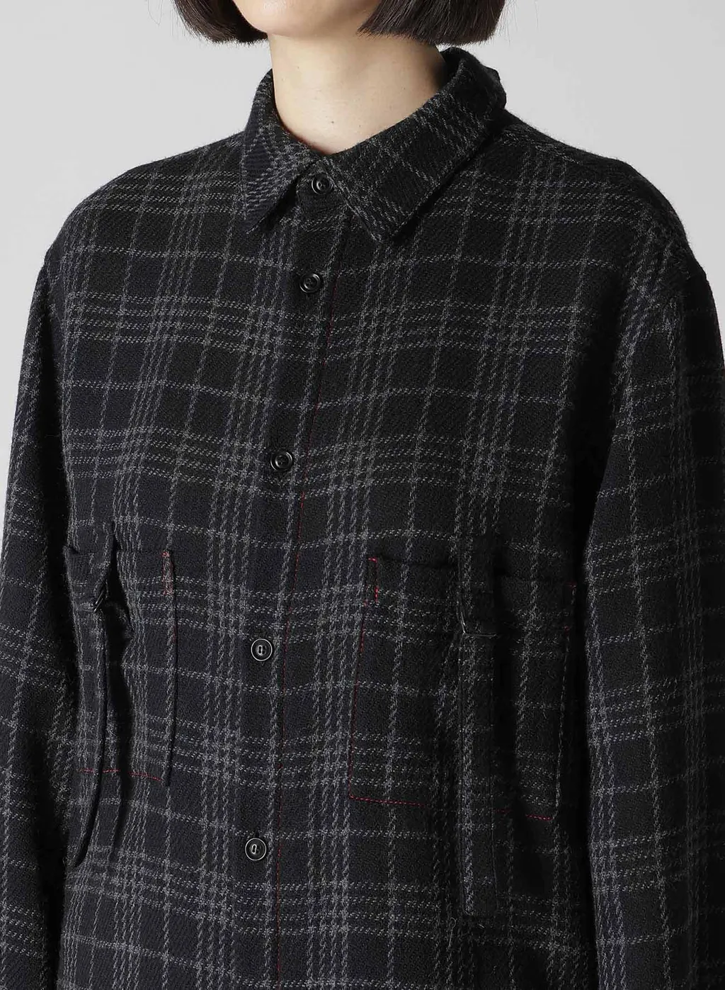 W/ Check Red Stitch Back Tucked Open Tab Blouse