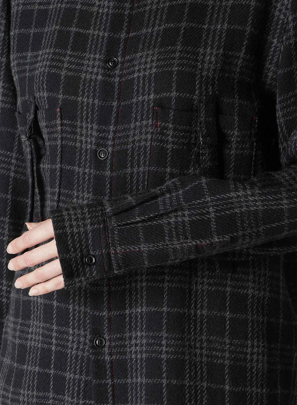 W/ Check Red Stitch Back Tucked Open Tab Blouse