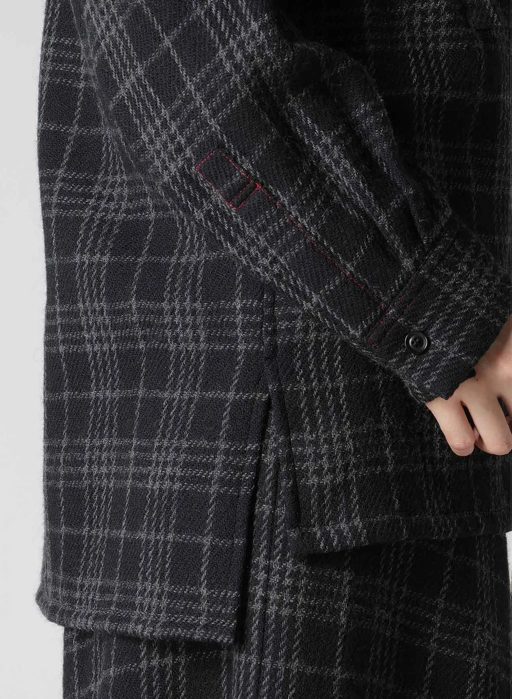 W/ Check Red Stitch Back Tucked Open Tab Blouse