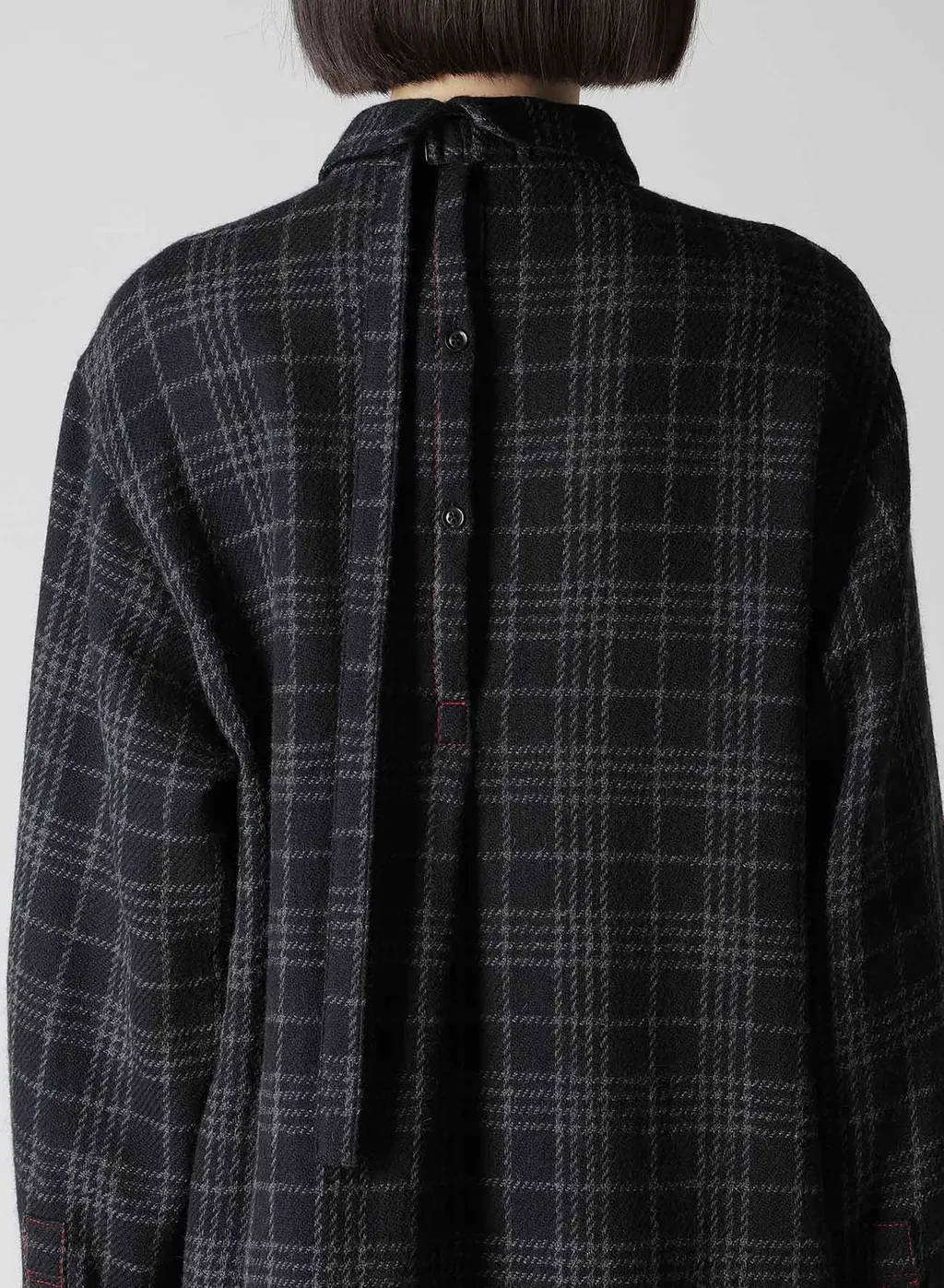 W/ Check Red Stitch Back Tucked Open Tab Blouse