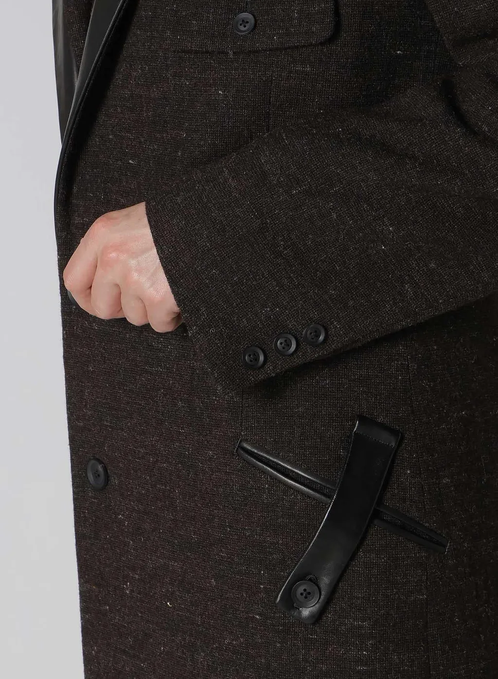 Wool Spinning Leather Switch Collar Button Jacket