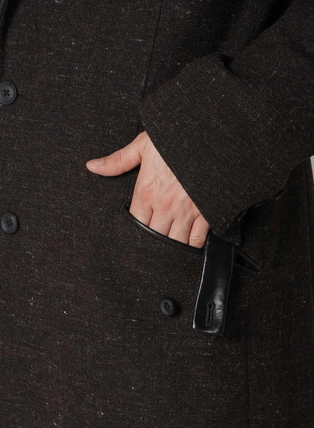 Wool Spinning Leather Switch Collar Button Jacket