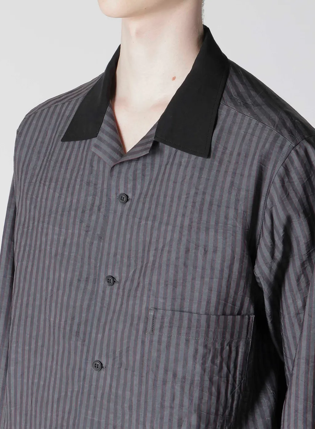 Stripe Open Collar Blouse With Different Fabric