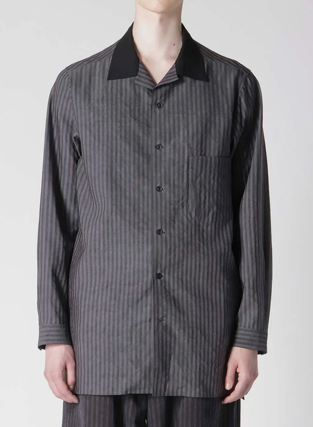 Stripe Open Collar Blouse With Different Fabric