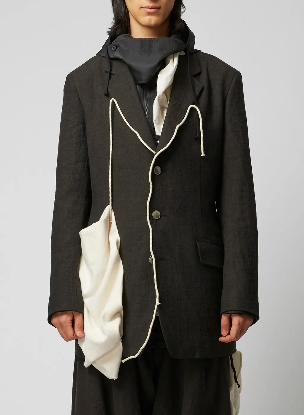 Ink Bkack Flax Wool Cloth N-Left Side Draped Jkt