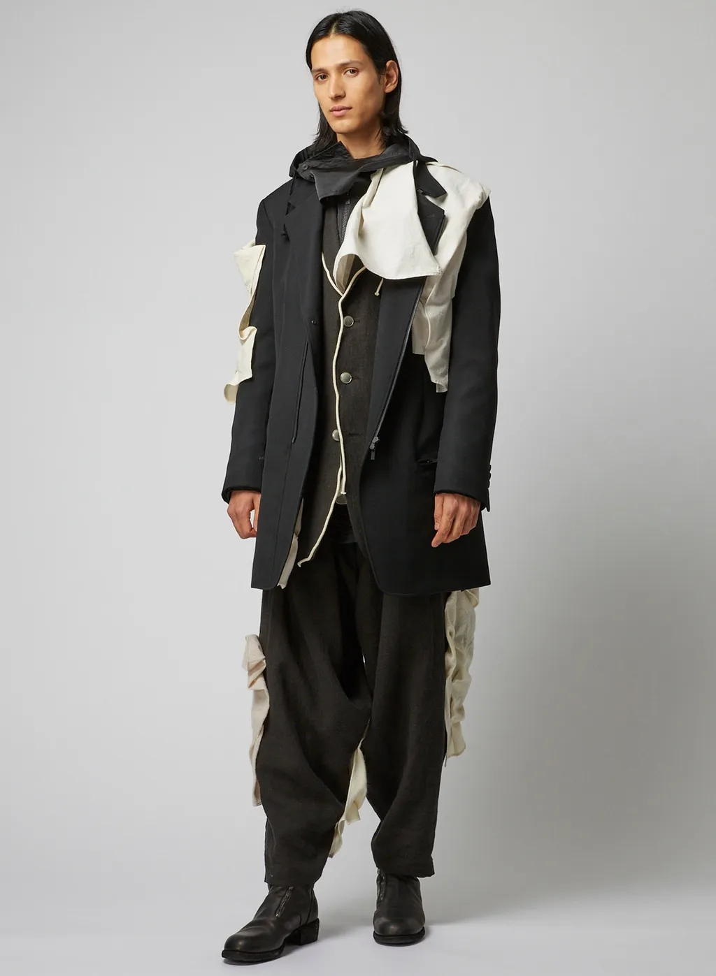 Ink Bkack Flax Wool Cloth N-Left Side Draped Jkt