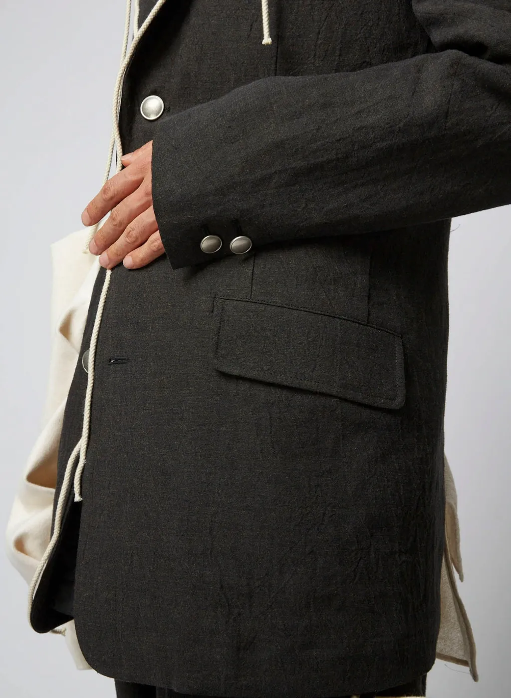Ink Bkack Flax Wool Cloth N-Left Side Draped Jkt