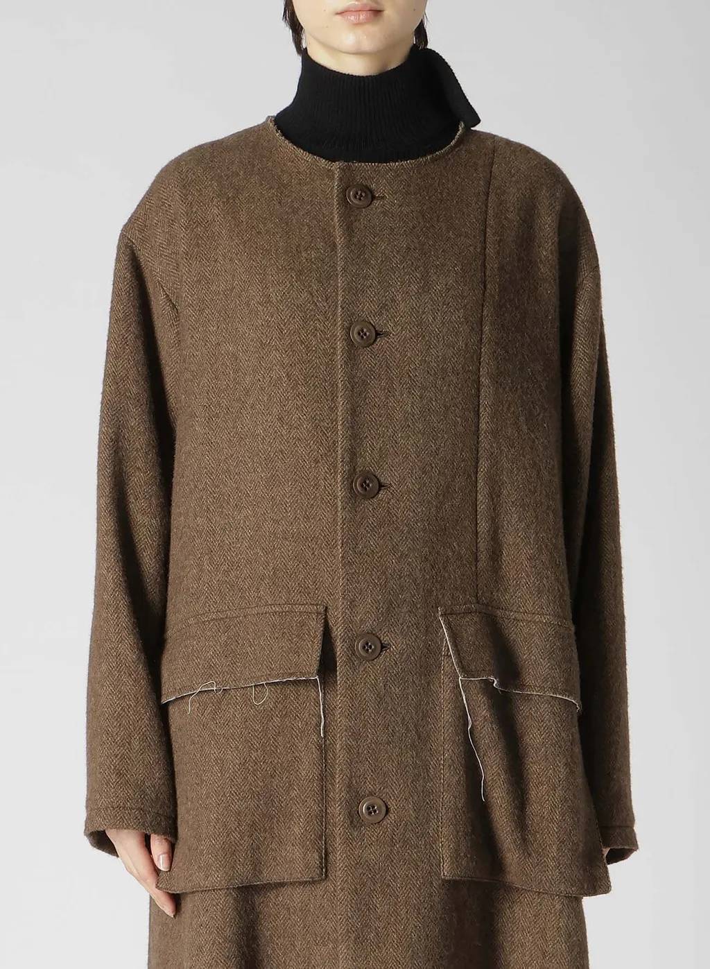 W/Li Herringbone Collarless Coat