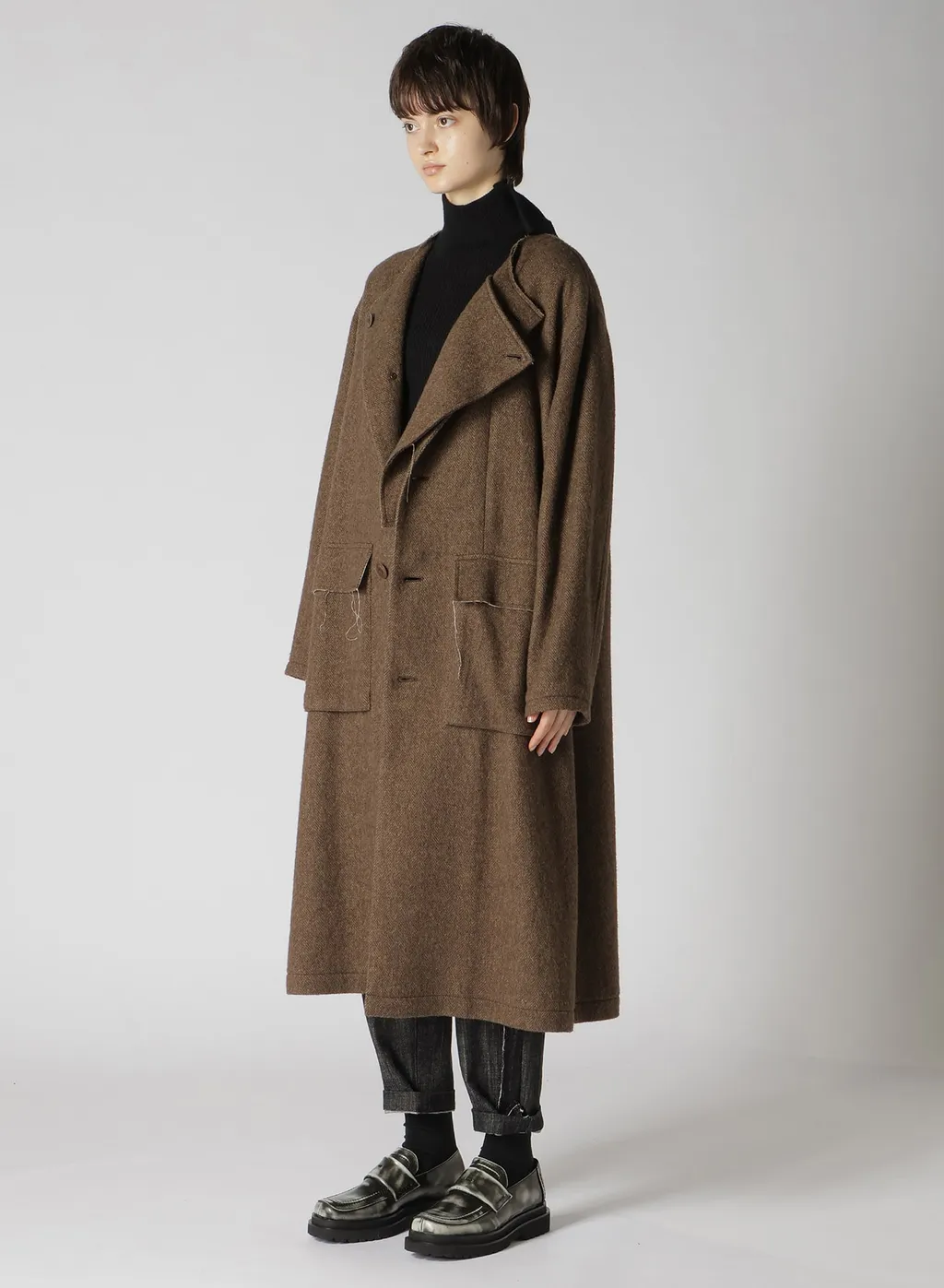 W/Li Herringbone Collarless Coat