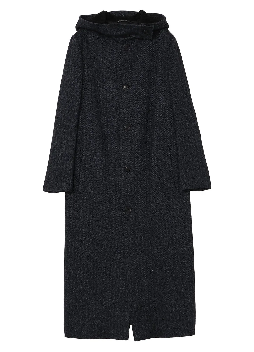 Linen/Wool Raised Herringbone Long Coat With Hoodie