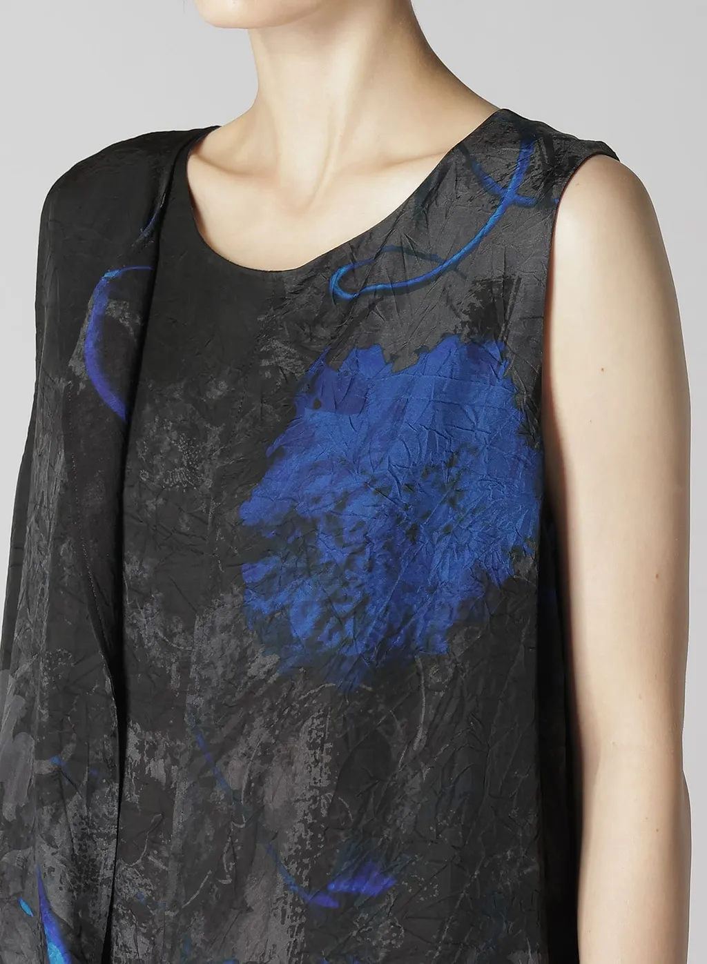 Cupro Twill Ethnic Flower Print Draped Blouse