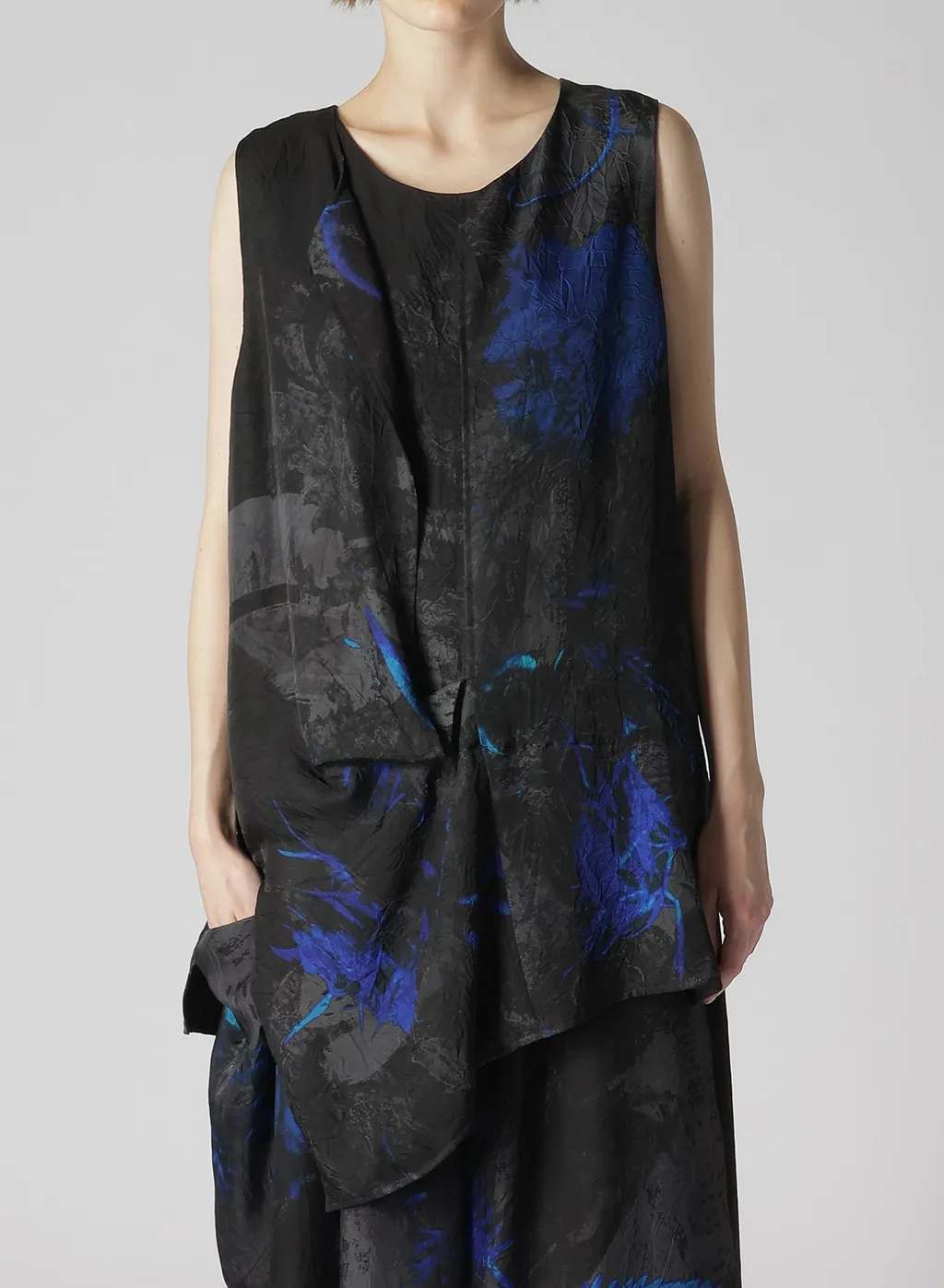 Cupro Twill Ethnic Flower Print Draped Blouse