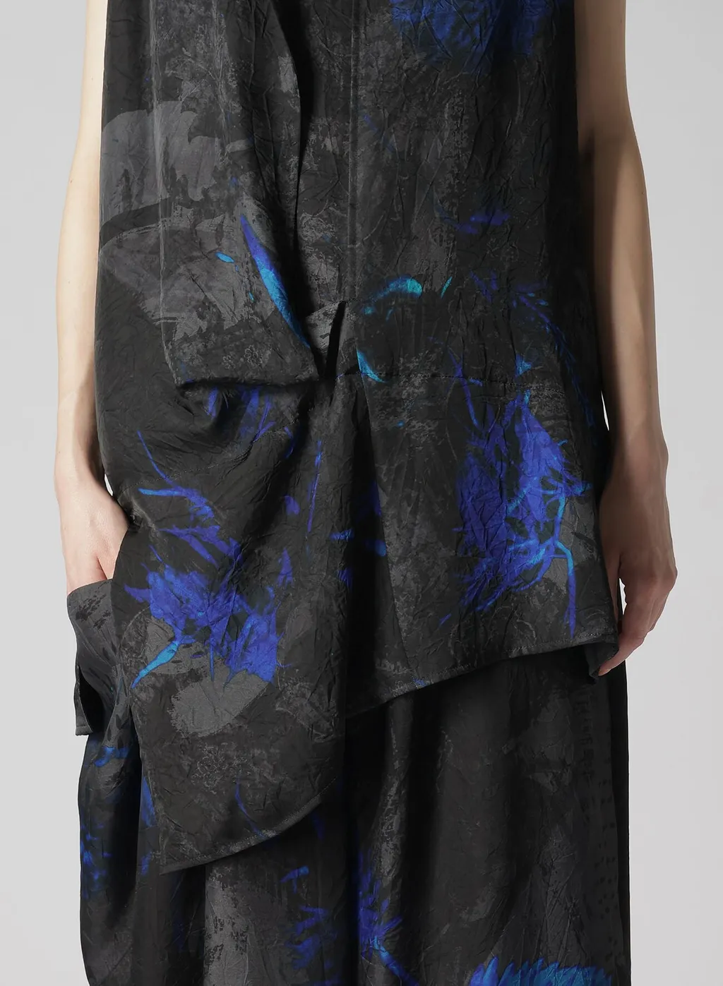 Cupro Twill Ethnic Flower Print Draped Blouse