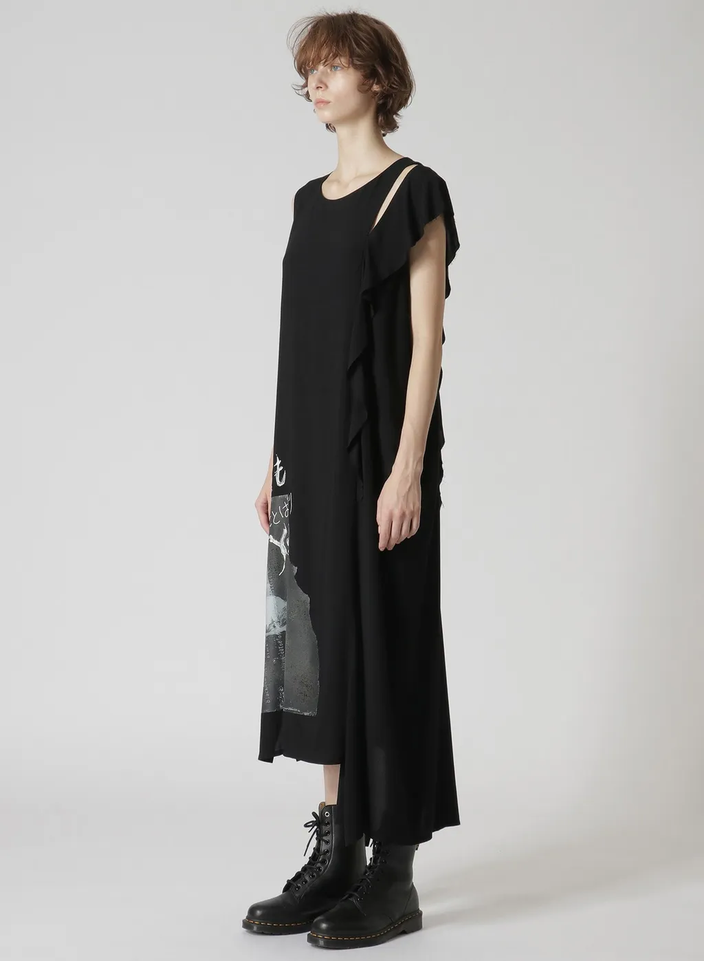 Rayon Lawn Print Bonding Left Frill Asymmetry Dress