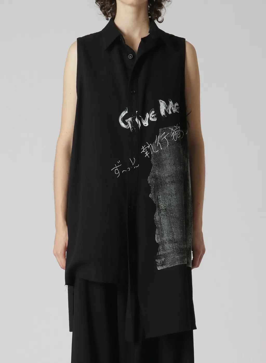 Cotton Linen Gabardine Print Bonding Asymmetry Sleeveless Blouse