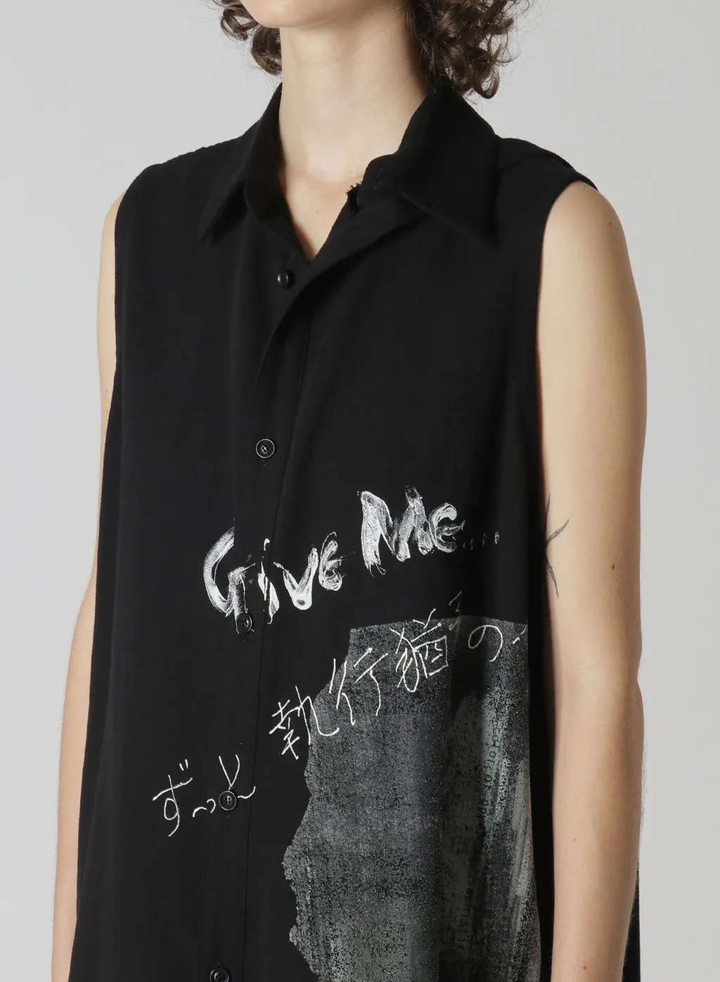 Cotton Linen Gabardine Print Bonding Asymmetry Sleeveless Blouse