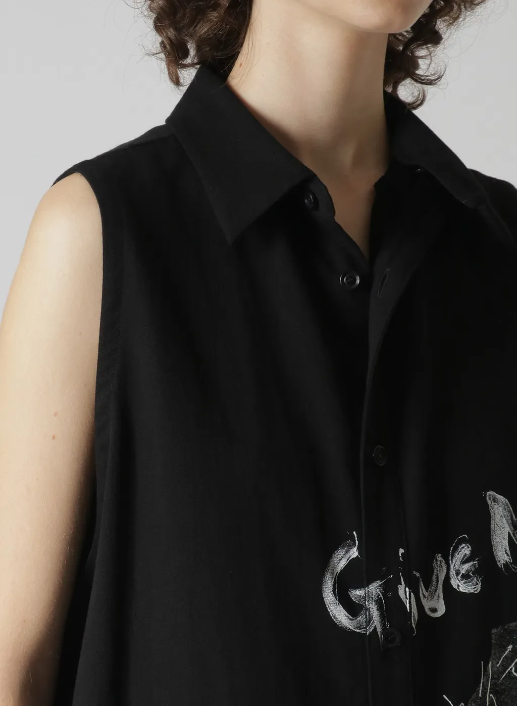 Cotton Linen Gabardine Print Bonding Asymmetry Sleeveless Blouse