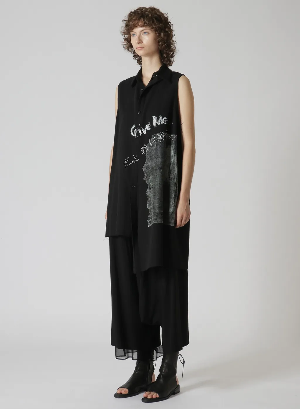 Cotton Linen Gabardine Print Bonding Asymmetry Sleeveless Blouse