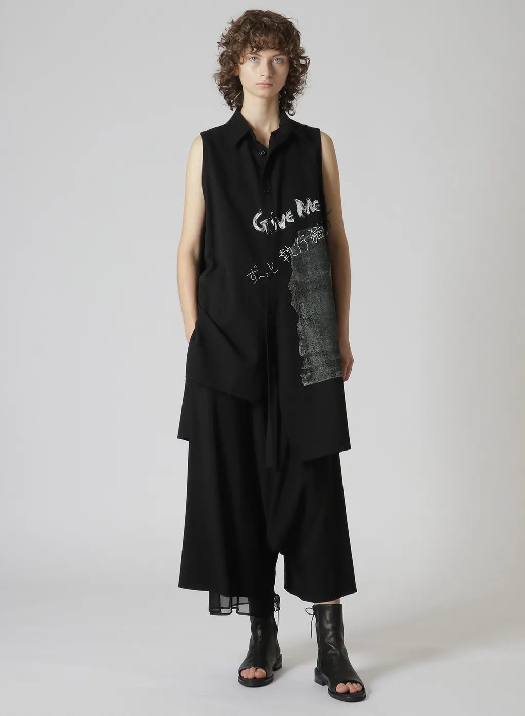 Cotton Linen Gabardine Print Bonding Asymmetry Sleeveless Blouse