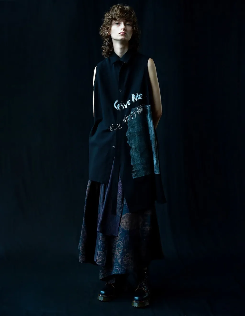 Cotton Linen Gabardine Print Bonding Asymmetry Sleeveless Blouse