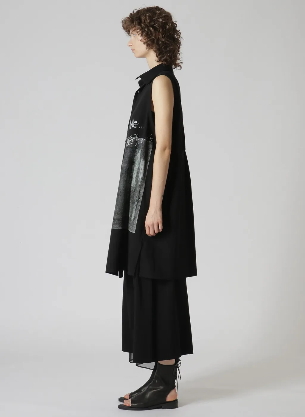 Cotton Linen Gabardine Print Bonding Asymmetry Sleeveless Blouse