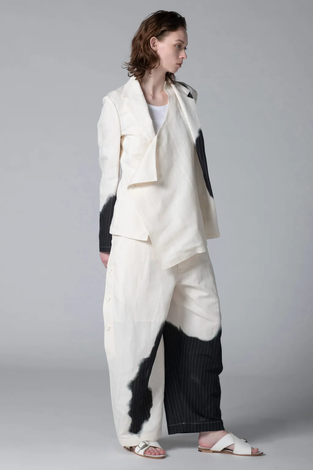 Linen/Cotton Asymmetric Jacket With Partial Pinstripe Pattern