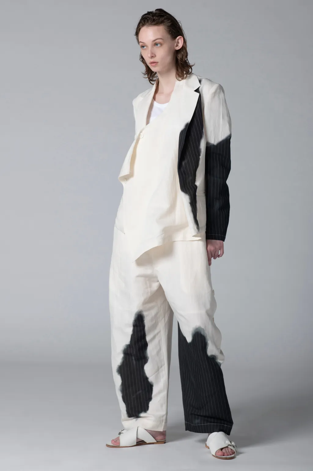 Linen/Cotton Asymmetric Jacket With Partial Pinstripe Pattern