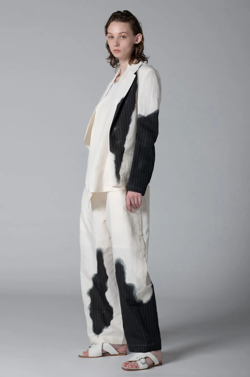 Linen/Cotton Asymmetric Jacket With Partial Pinstripe Pattern