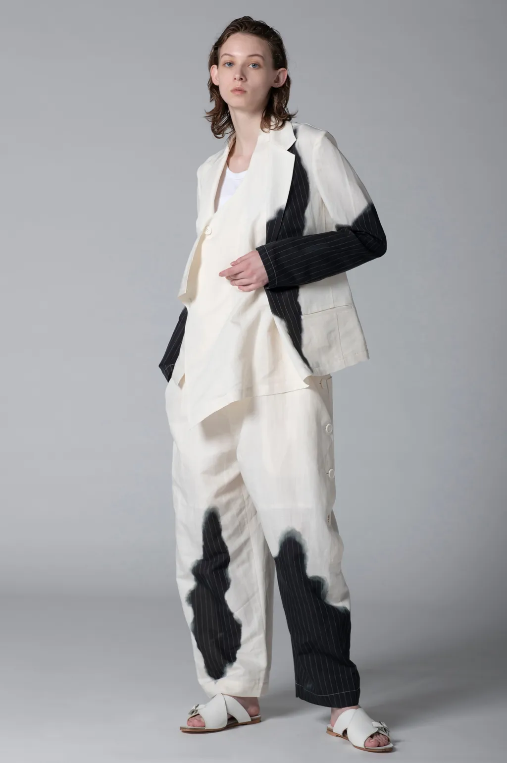 Linen/Cotton Asymmetric Jacket With Partial Pinstripe Pattern