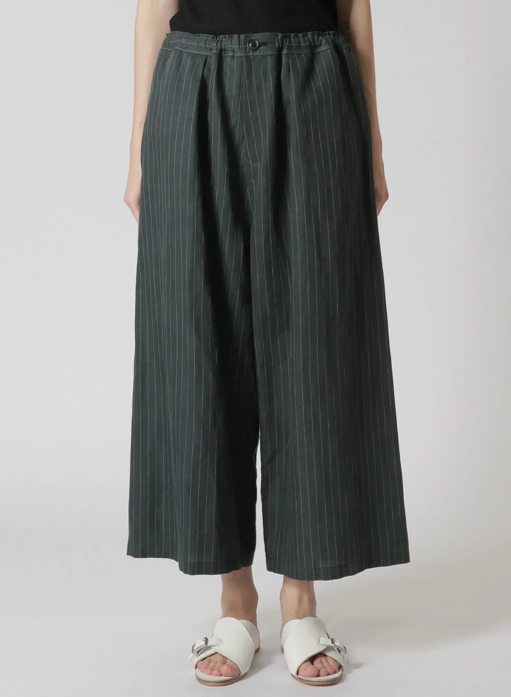 Linen Cotton Pin-Striped Uneven Dyeing Front Tuck Wide Pants