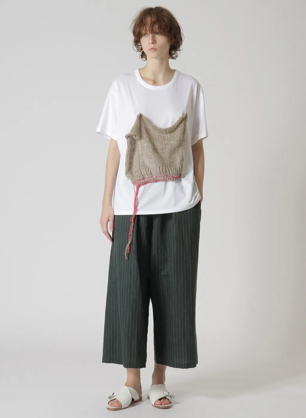 Linen Cotton Pin-Striped Uneven Dyeing Front Tuck Wide Pants