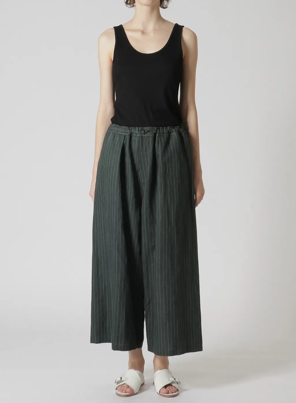 Linen Cotton Pin-Striped Uneven Dyeing Front Tuck Wide Pants
