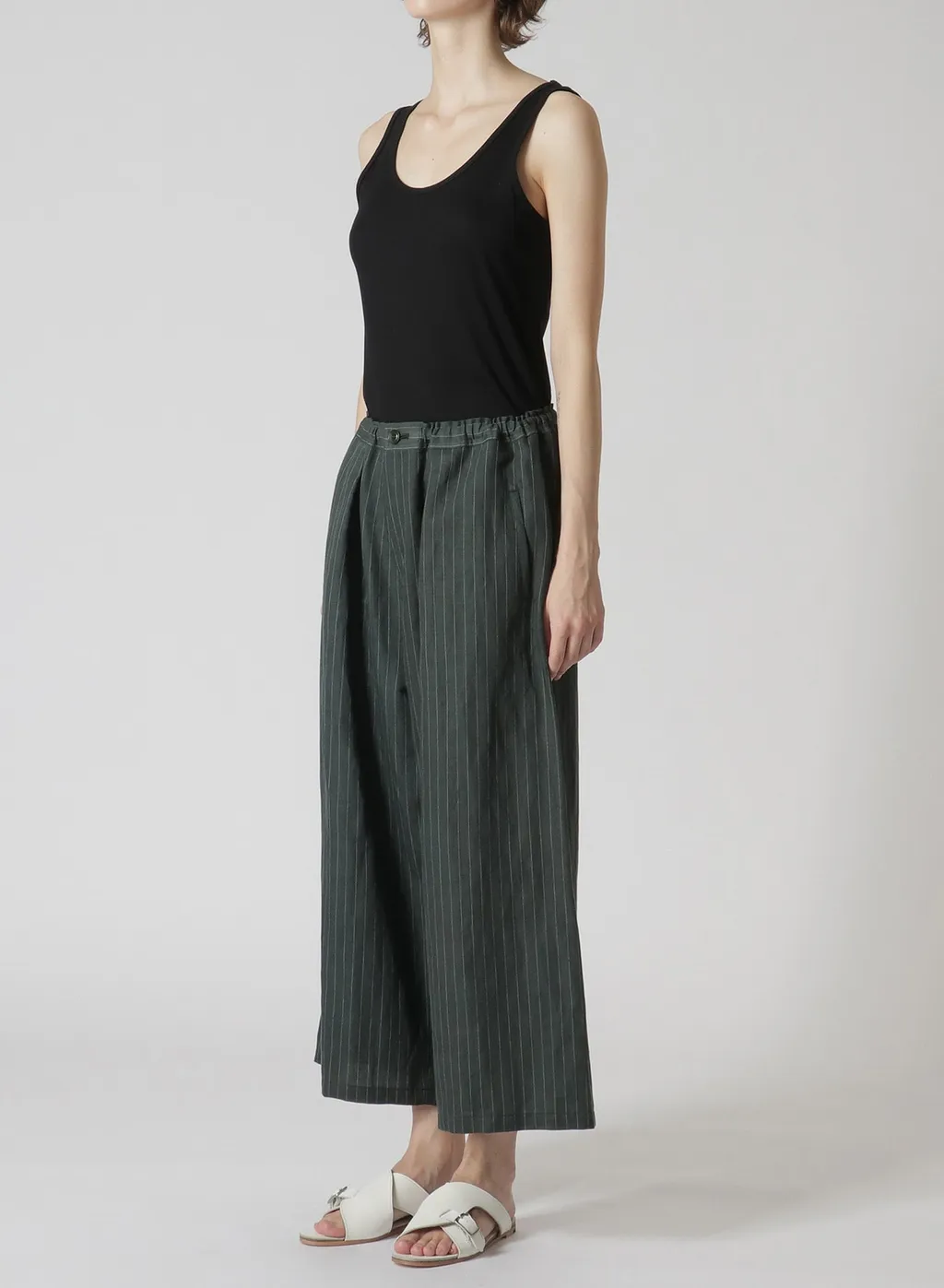 Linen Cotton Pin-Striped Uneven Dyeing Front Tuck Wide Pants