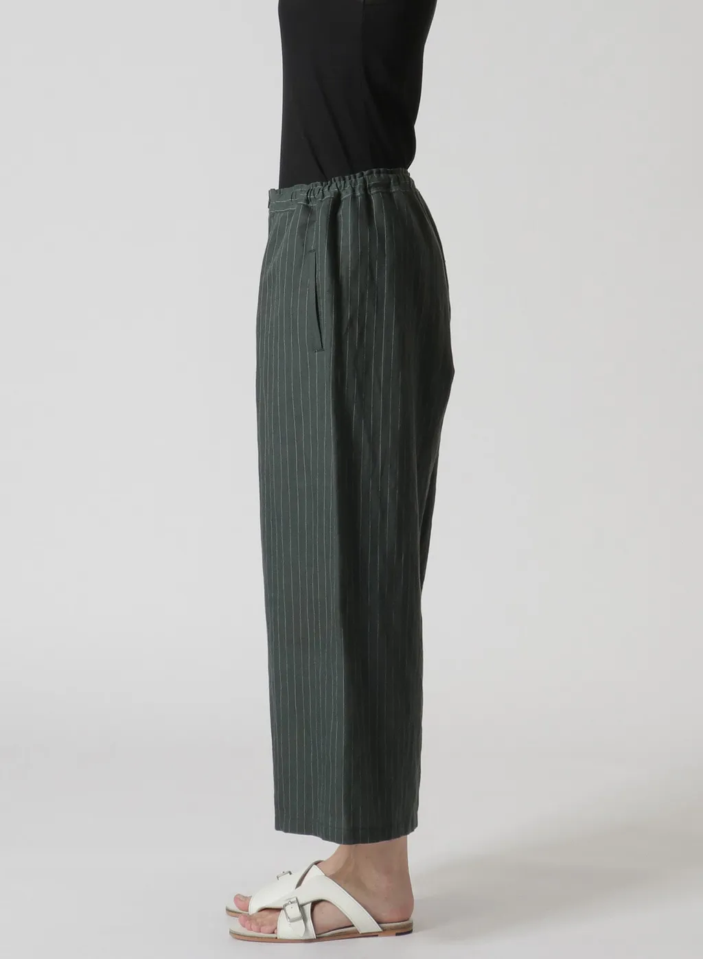 Linen Cotton Pin-Striped Uneven Dyeing Front Tuck Wide Pants