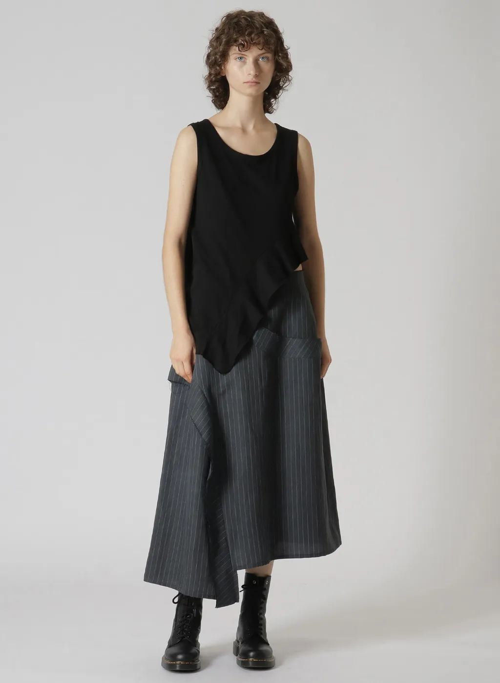 Linen Cotton Pin-Striped Uneven Dyeing Panelled Flare Skirt