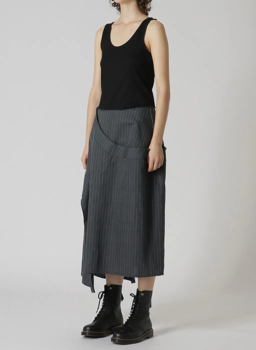 Linen Cotton Pin-Striped Uneven Dyeing Panelled Flare Skirt