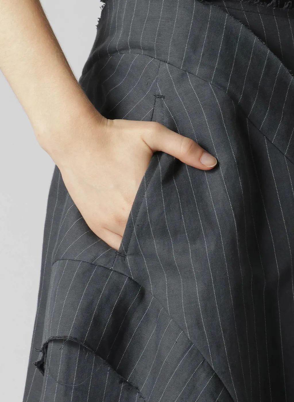 Linen Cotton Pin-Striped Uneven Dyeing Panelled Flare Skirt