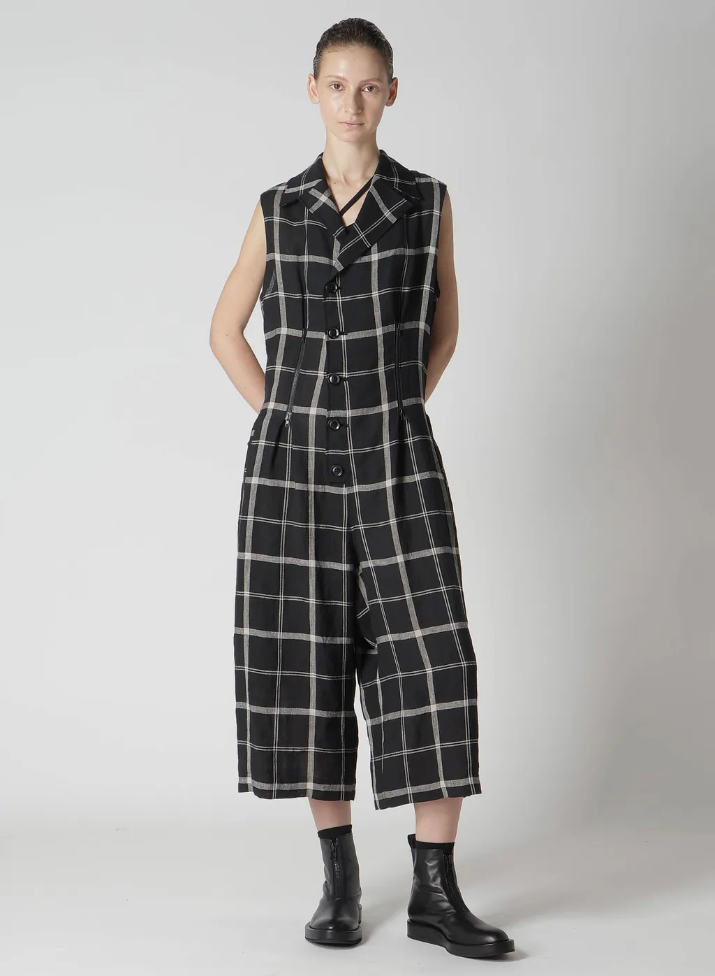 Linen/Nylon Plaid Zip Tucked Jumper Skirt