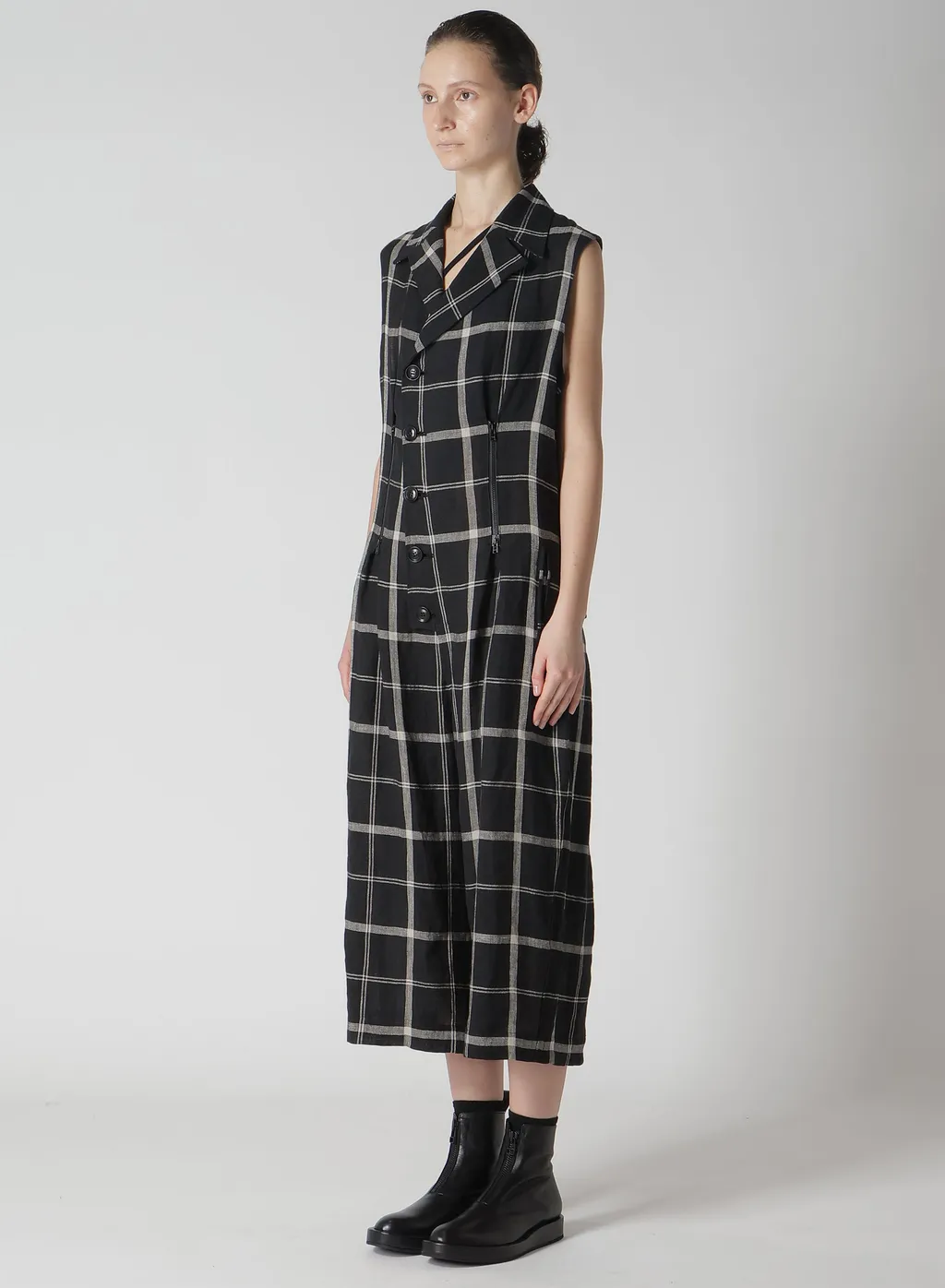 Linen/Nylon Plaid Zip Tucked Jumper Skirt