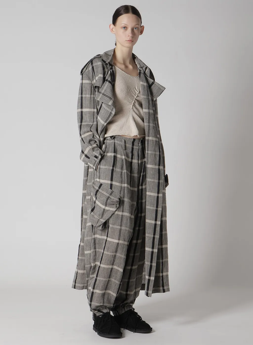 Linen/Nylon Plaid Zip Pocket Pants
