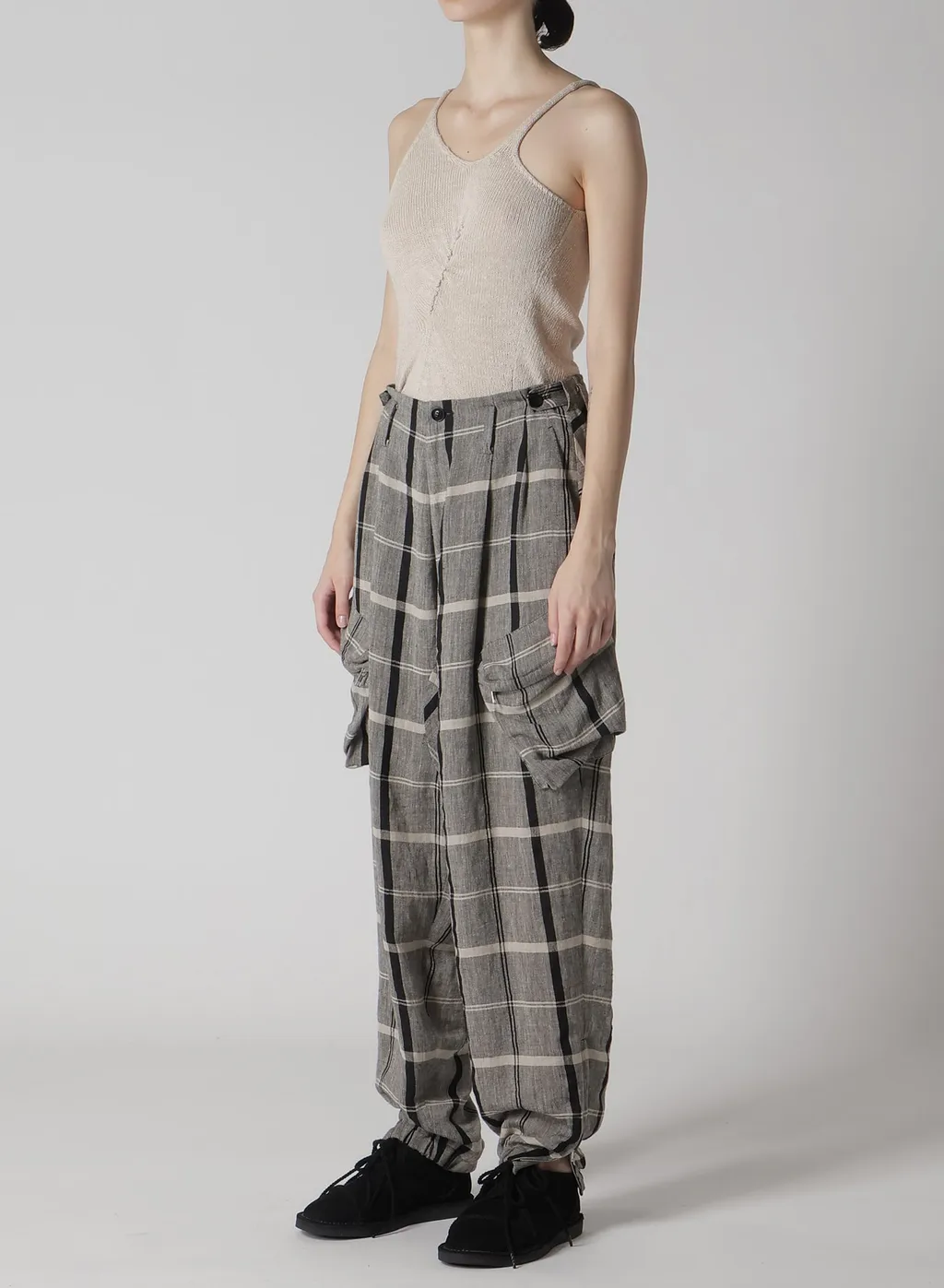 Linen/Nylon Plaid Zip Pocket Pants