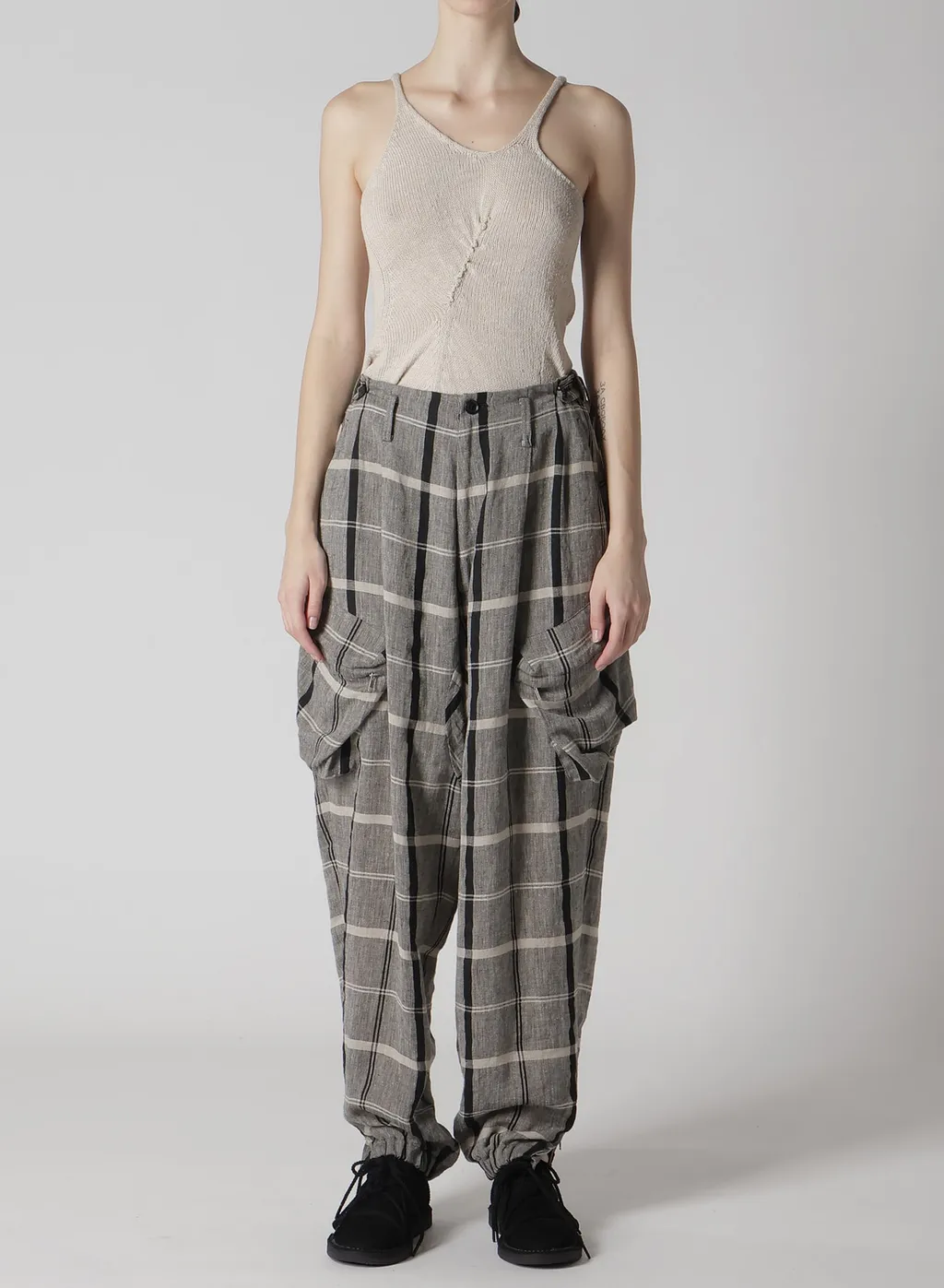 Linen/Nylon Plaid Zip Pocket Pants