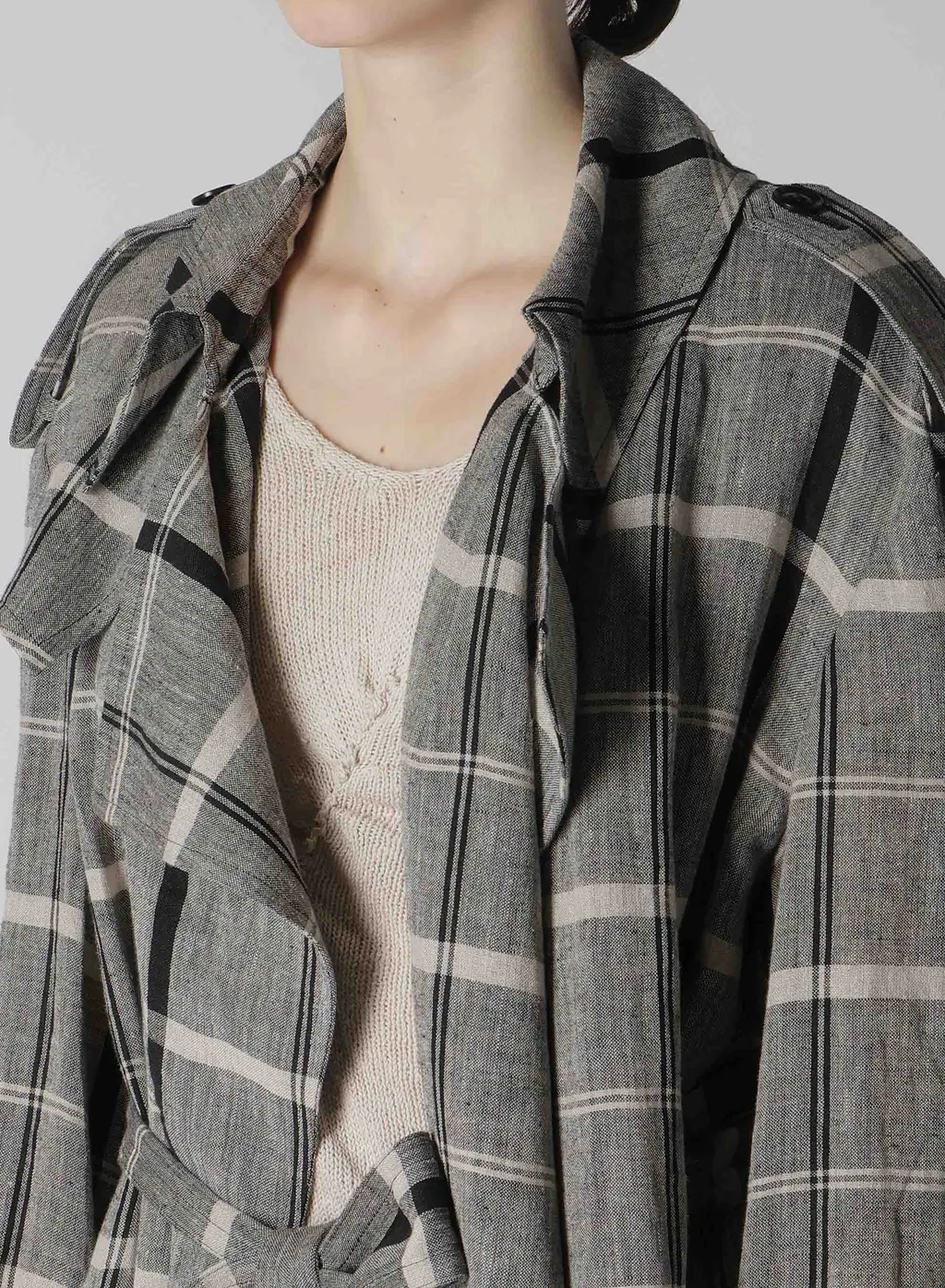 Linen/Nylon Plaid Trench Coat